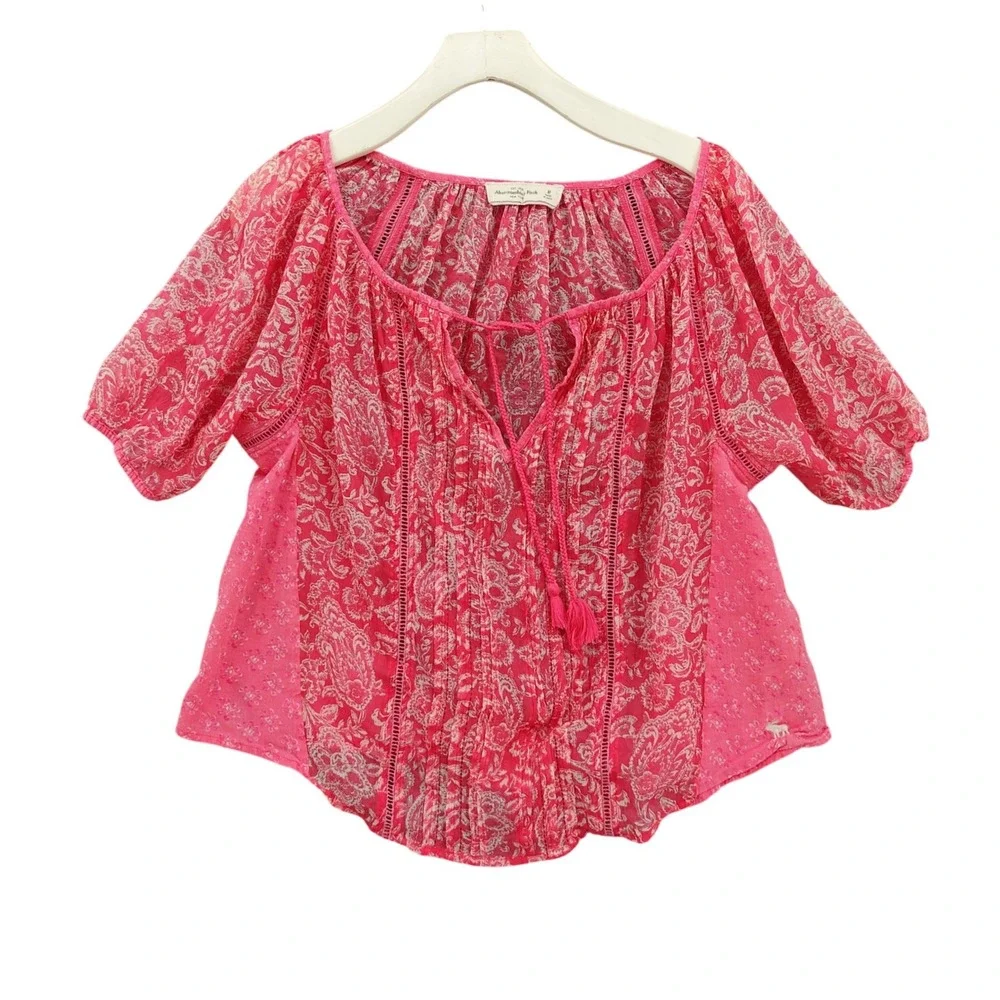 Abercrombie & Fitch Womens Boho Cottagecore Blouse M Pink Floral Peasant Top